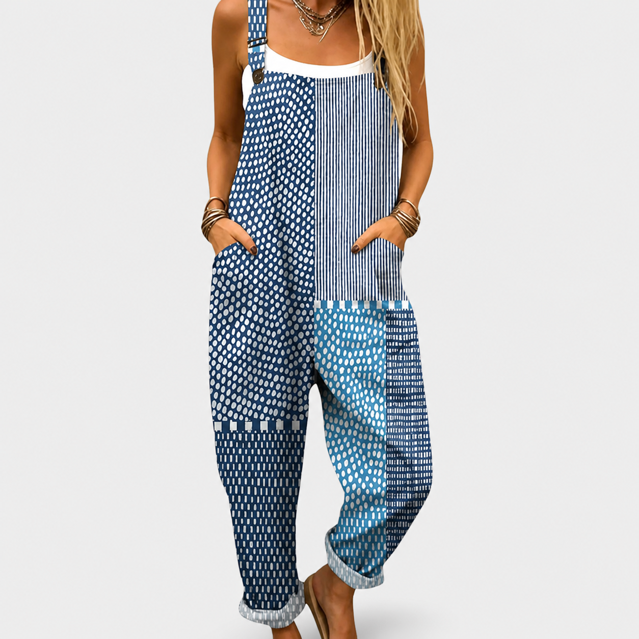 Mono sin mangas con tirantes anchos y estampado azul a puntos y rayas