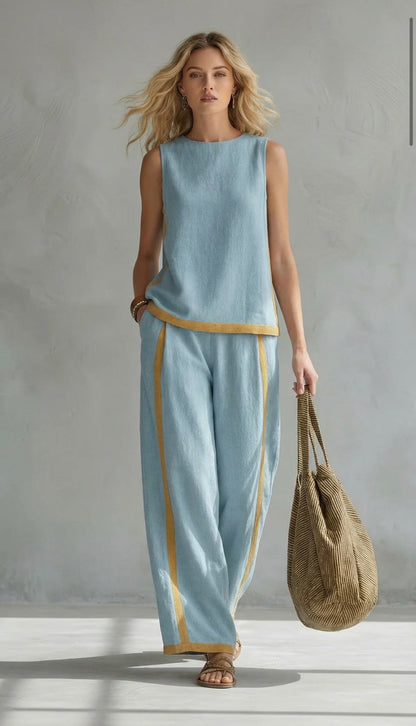 Conjunto de algodón y lino azul claro sin mangas con pantalón ancho y ribete amarillo