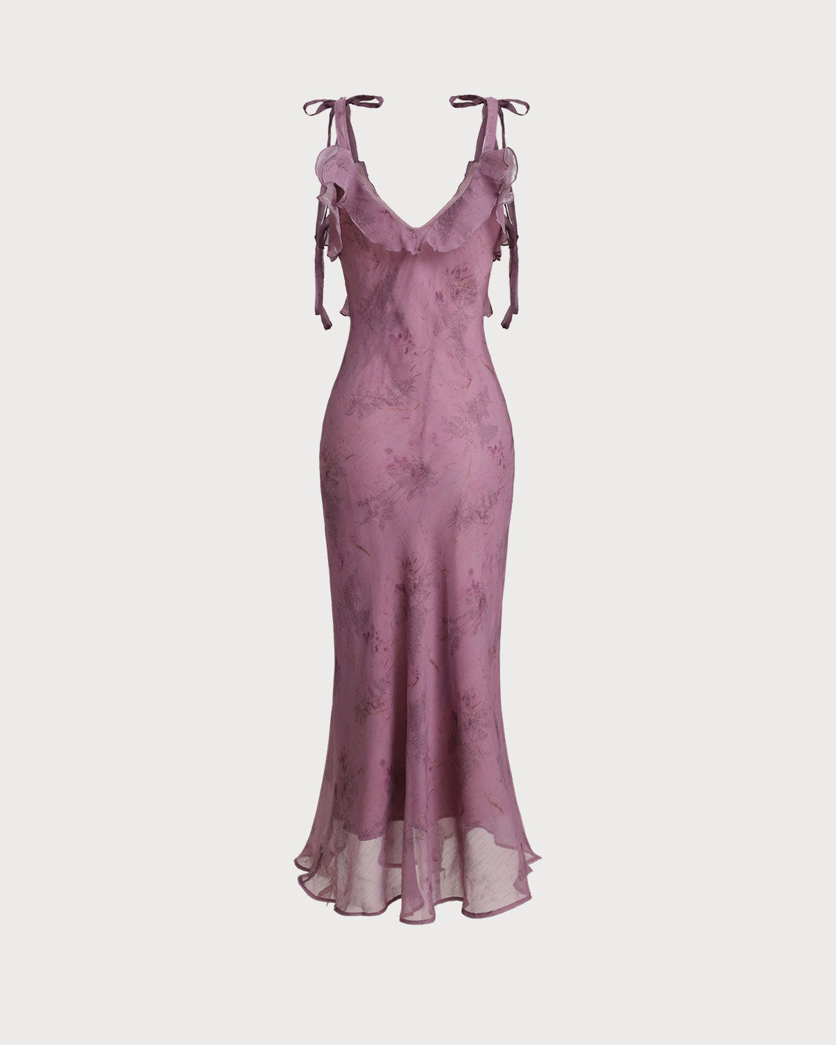 Vestido midi violeta de tirantes con lazos y estampado floral, falda con vuelo
