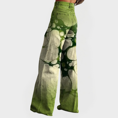 Vaqueros de pierna ancha verde con estampado abstracto multicolor y cinturilla con botón