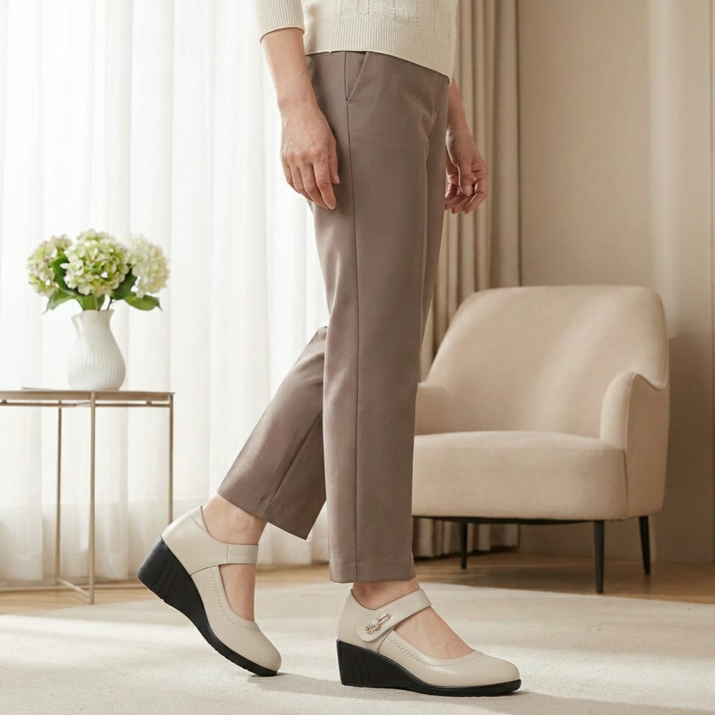 Zapatos de tacón medio beige con tira ajustable y adorno metálico en el empeine
