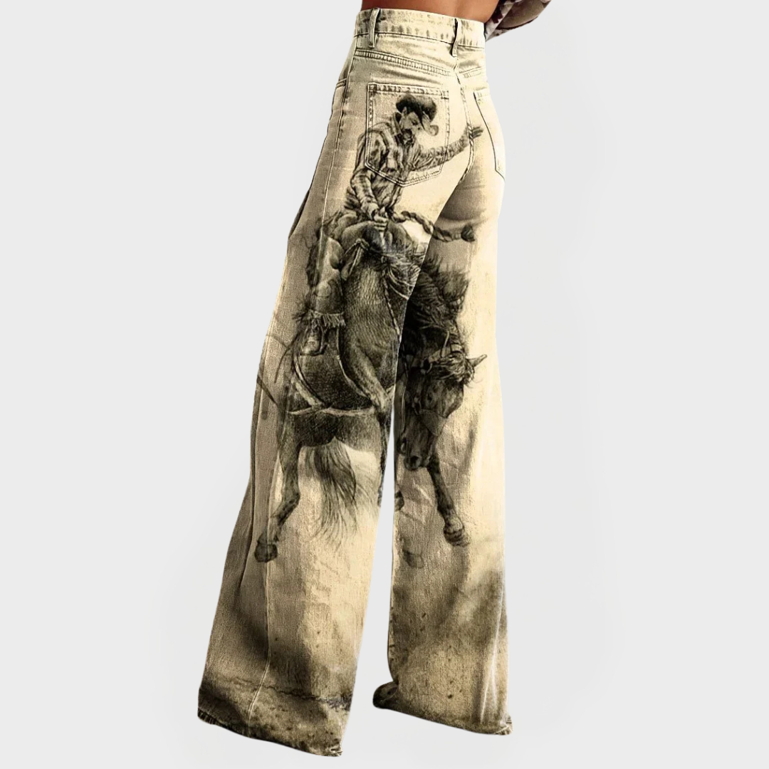 Vaqueros de corte ancho con estampado multicolor, vista lateral, tiro alto