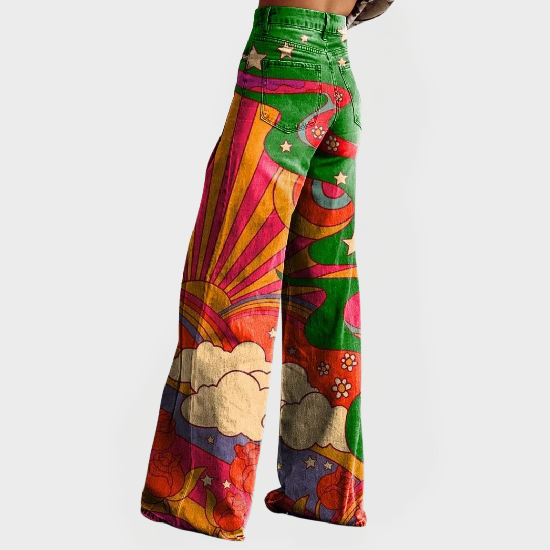 Vaqueros de corte ancho multicolor con estampado gráfico y pretina verde