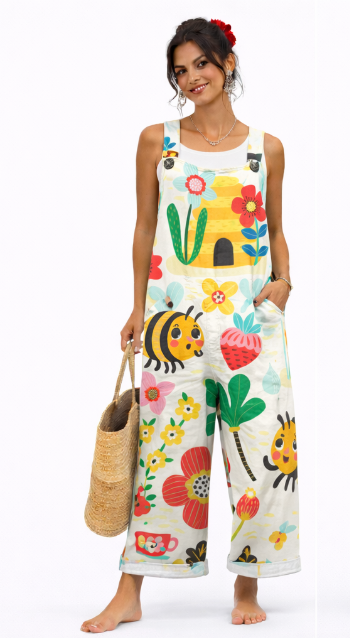 Mono sin mangas multicolor con estampado de frutas y animales, pantalón amplio