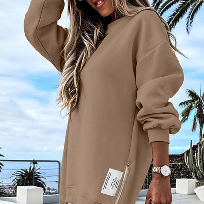 Vestido tipo sudadera color albaricoque de manga larga con cremallera lateral