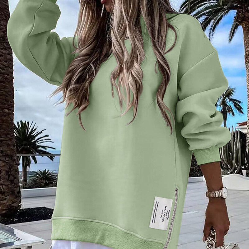 Vestido tipo sudadera verde menta de manga larga con abertura y etiqueta