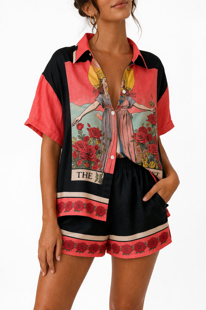 Conjunto de camisa y short estampados, estilo boho: coral, negro y rosas.