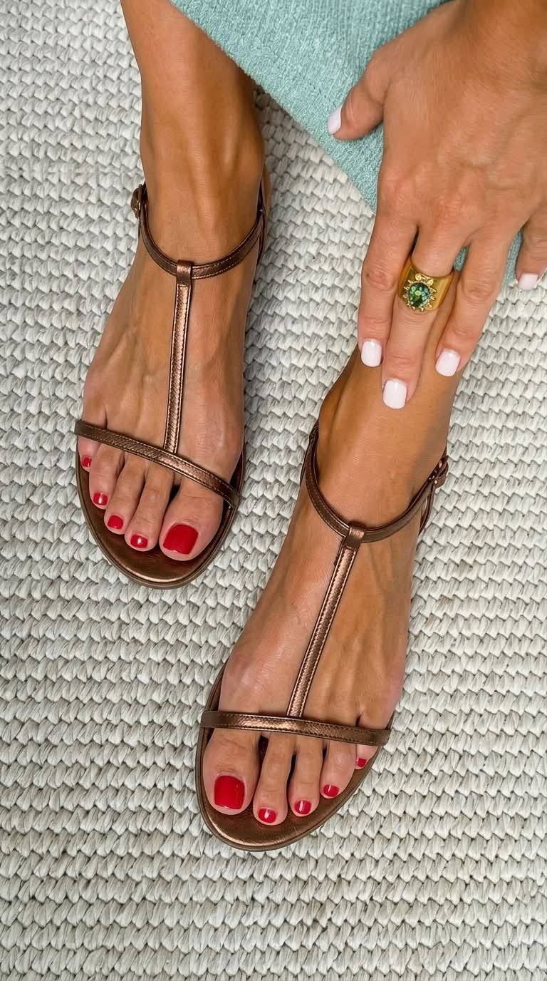Sandalias finas marrones con tiras delgadas y puntera abierta, suela plana.