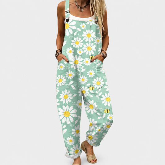 Salopette mujer verde menta con tirantes y estampado de margaritas, bolsillos