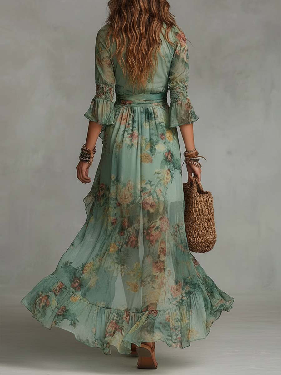 Vestido Atenea verde salvia estampado floral, falda evasé con volantes y mangas abullonadas
