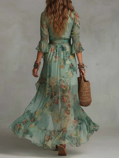 Vestido Atenea verde salvia estampado floral, falda evasé con volantes y mangas abullonadas