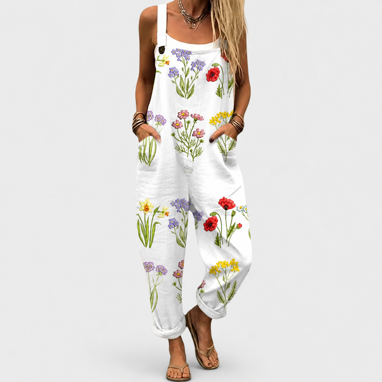 Salopette de mujer blanca con estampado floral multicolor y tirantes