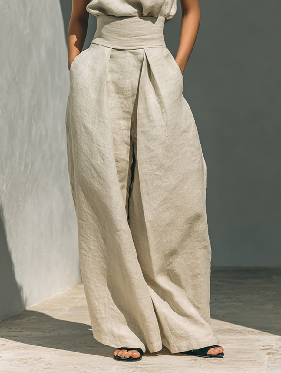 Conjunto de algodón y lino beige claro: pantalón ancho con abertura frontal y cintura anudada