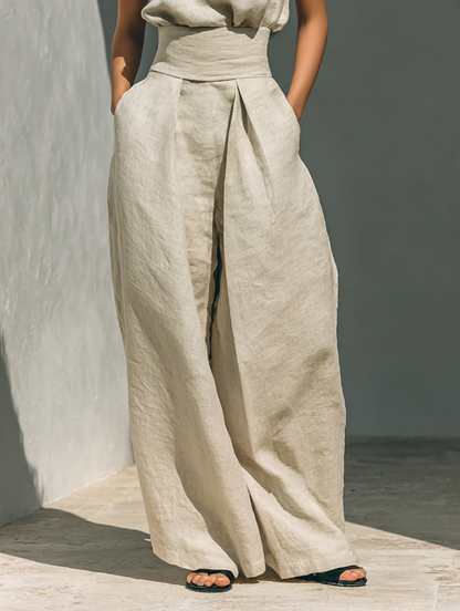 Conjunto de algodón y lino beige claro: pantalón ancho con abertura frontal y cintura anudada