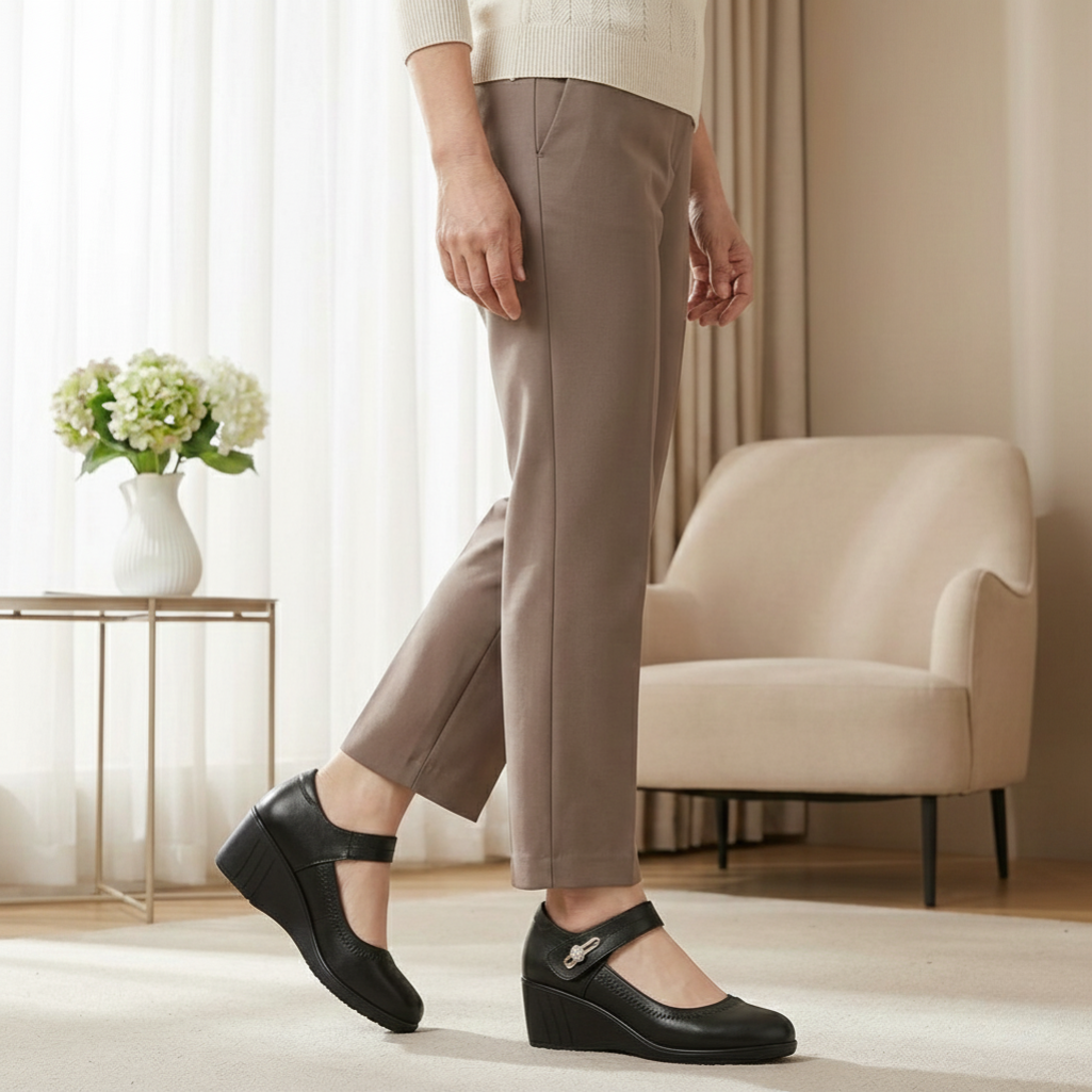 Zapatos de tacón medio negros con tira ajustable y adorno metálico en el empeine