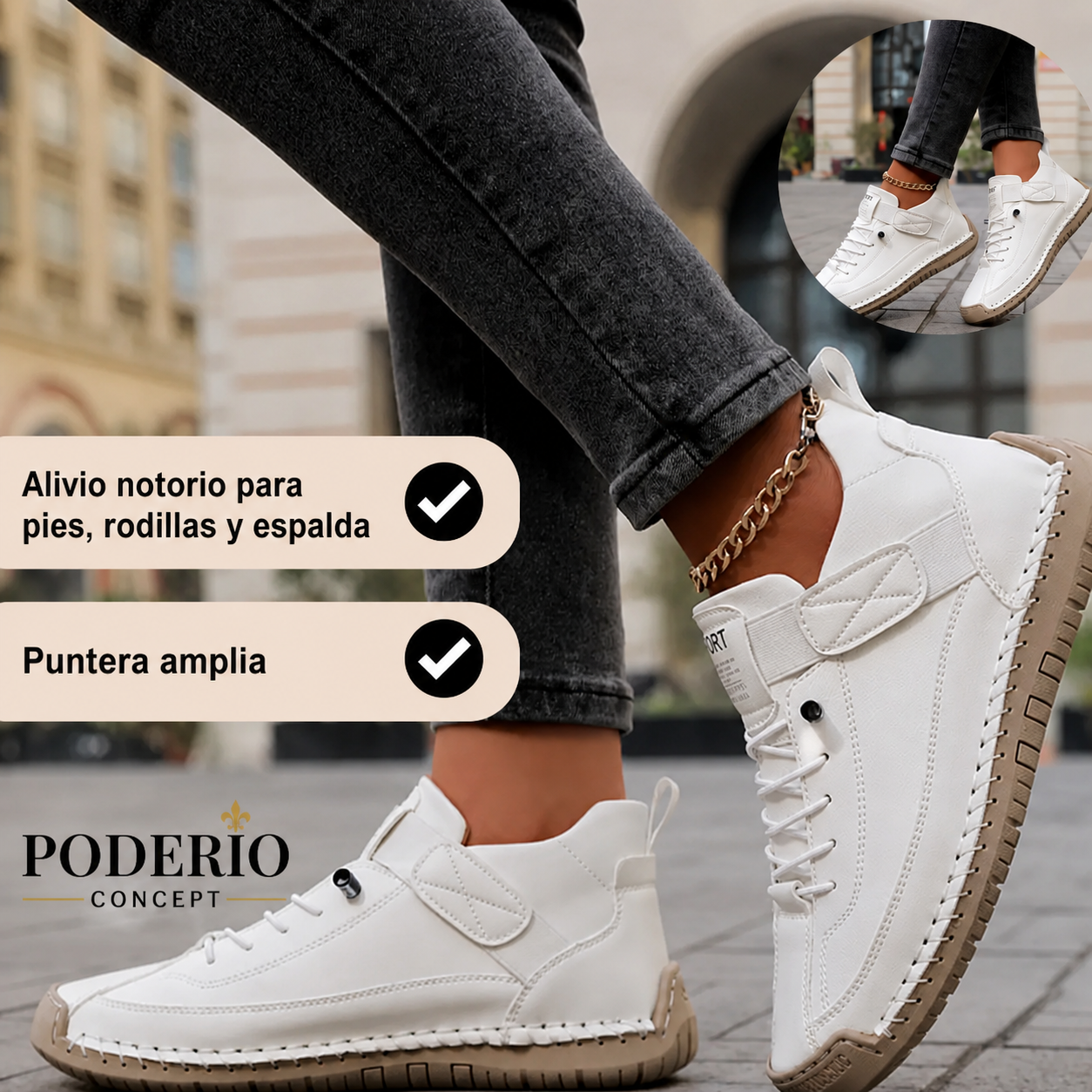 Zapatillas ortopédicas blancas con cordones y suela dentada, vista del empeine y talón.