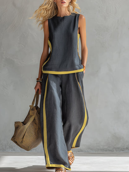Conjunto de algodón y lino azul claro sin mangas con pantalón ancho y ribete amarillo