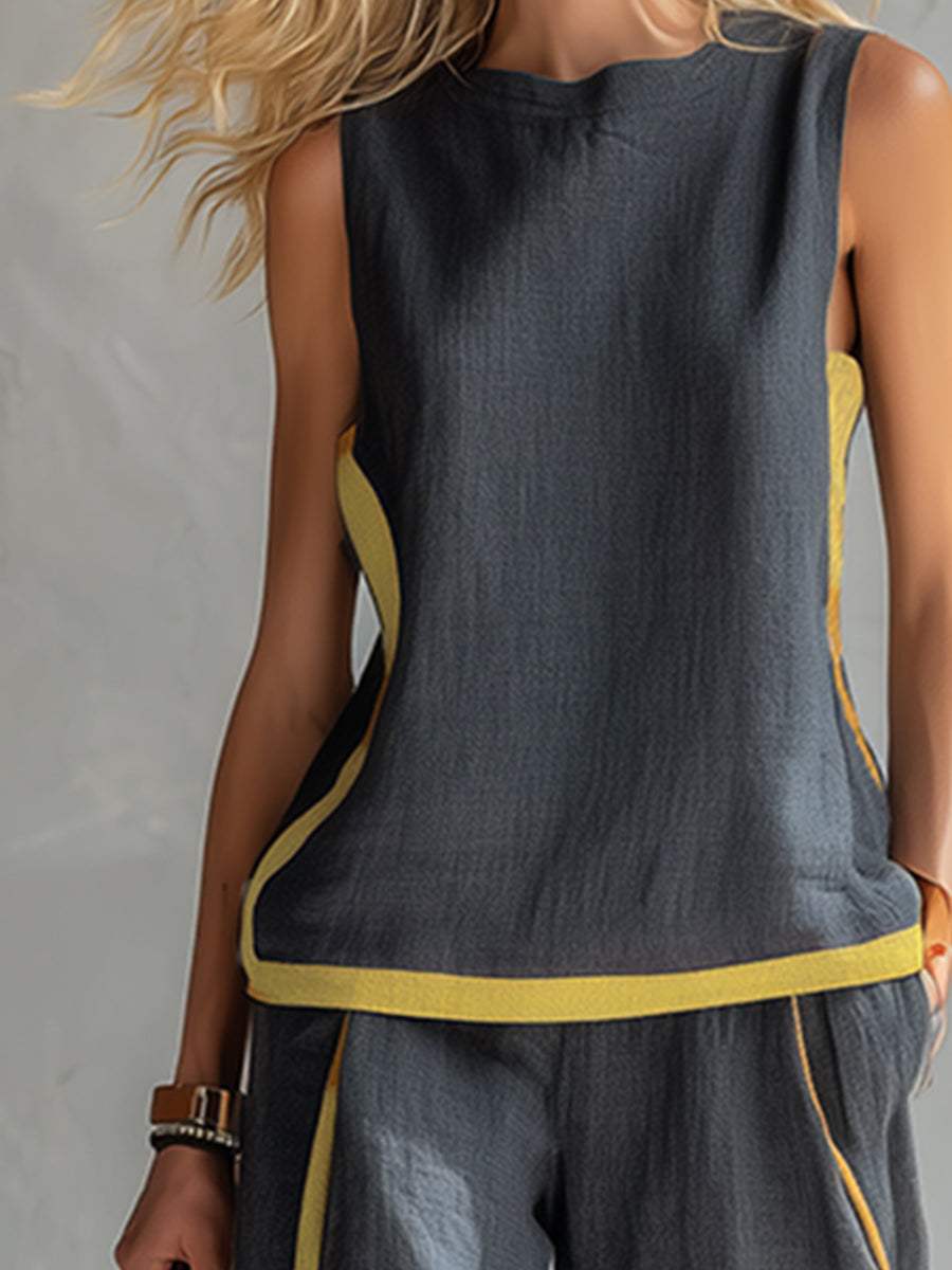 Conjunto de algodón y lino gris oscuro sin mangas con pantalón ancho y ribete amarillo