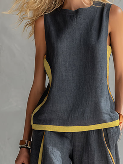 Conjunto de algodón y lino gris oscuro sin mangas con pantalón ancho y ribete amarillo