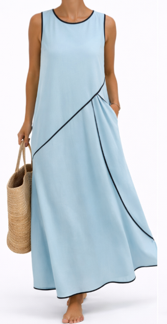 Vestido azul celeste sin mangas con abertura diagonal y caída hasta el tobillo