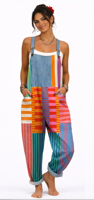 Mono sin mangas multicolor de rayas verticales, tirantes y pantalón holgado