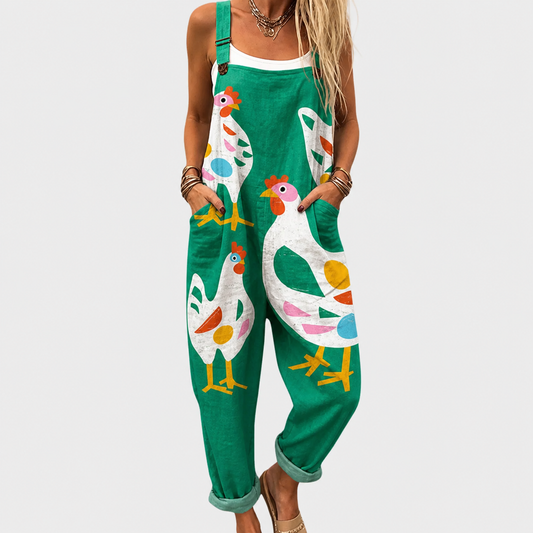 Salopette verde de mujer con tirantes y estampado de aves tropicales multicolor