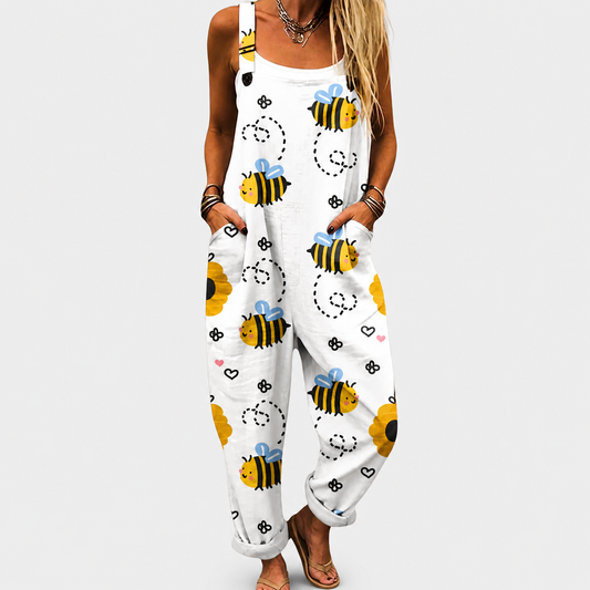 Mono de peto de mujer blanco con estampado de abejas y tirantes ajustables