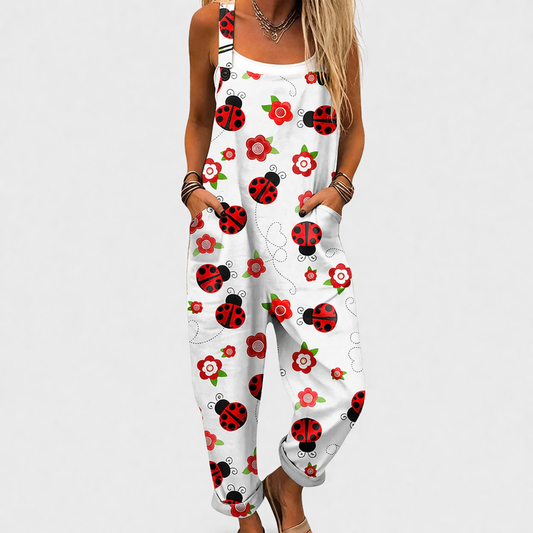 Salopette de mujer blanca con estampado de mariquitas y flores rojas