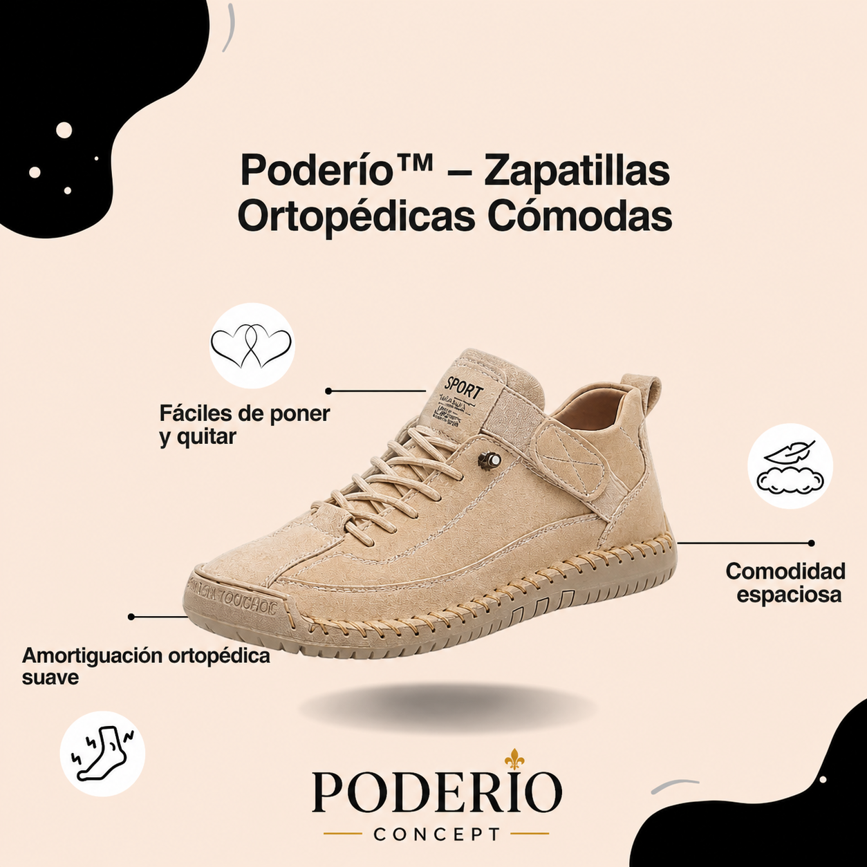 Zapatilla ortopédica beige con cordones y tira en la lengüeta, perfil lateral.