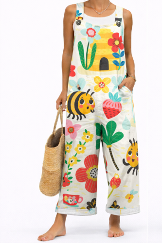 Mono sin mangas multicolor con estampado floral y frutas, escote redondo