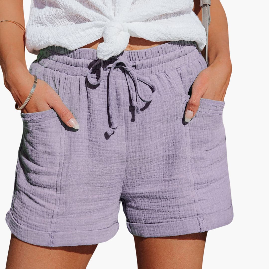 Shorts informales violeta con cinturilla elástica y cordón ajustable