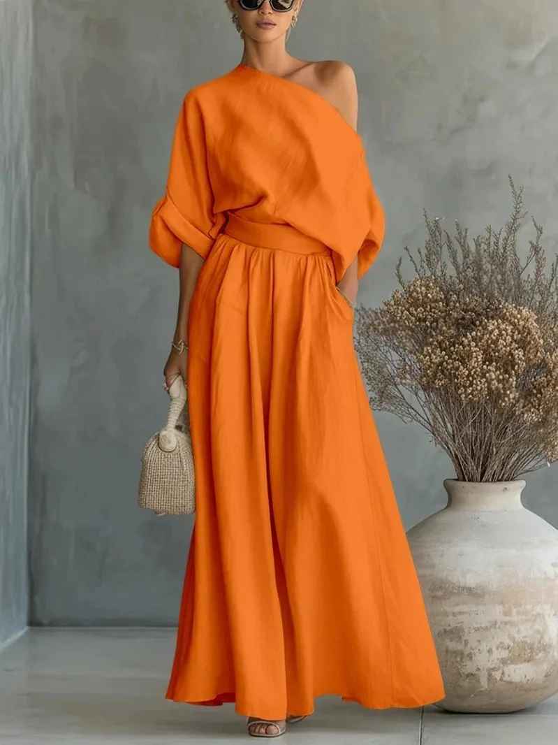 Conjunto de lino naranja: blusa de un hombro y pantalón amplio fruncido