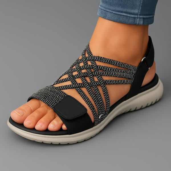 Sandalias ortopédicas de malla negra, con tira ajustable y suela amortiguada