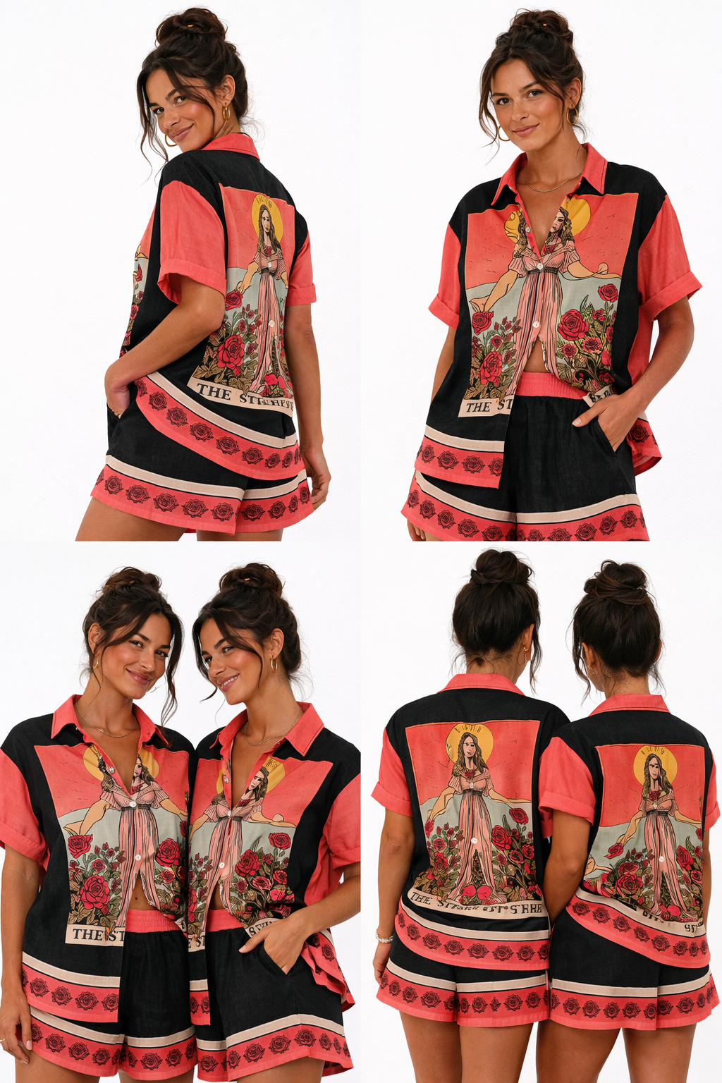 Conjunto de camisa y short estampados vistos de frente y espalda, coral y negro floral.