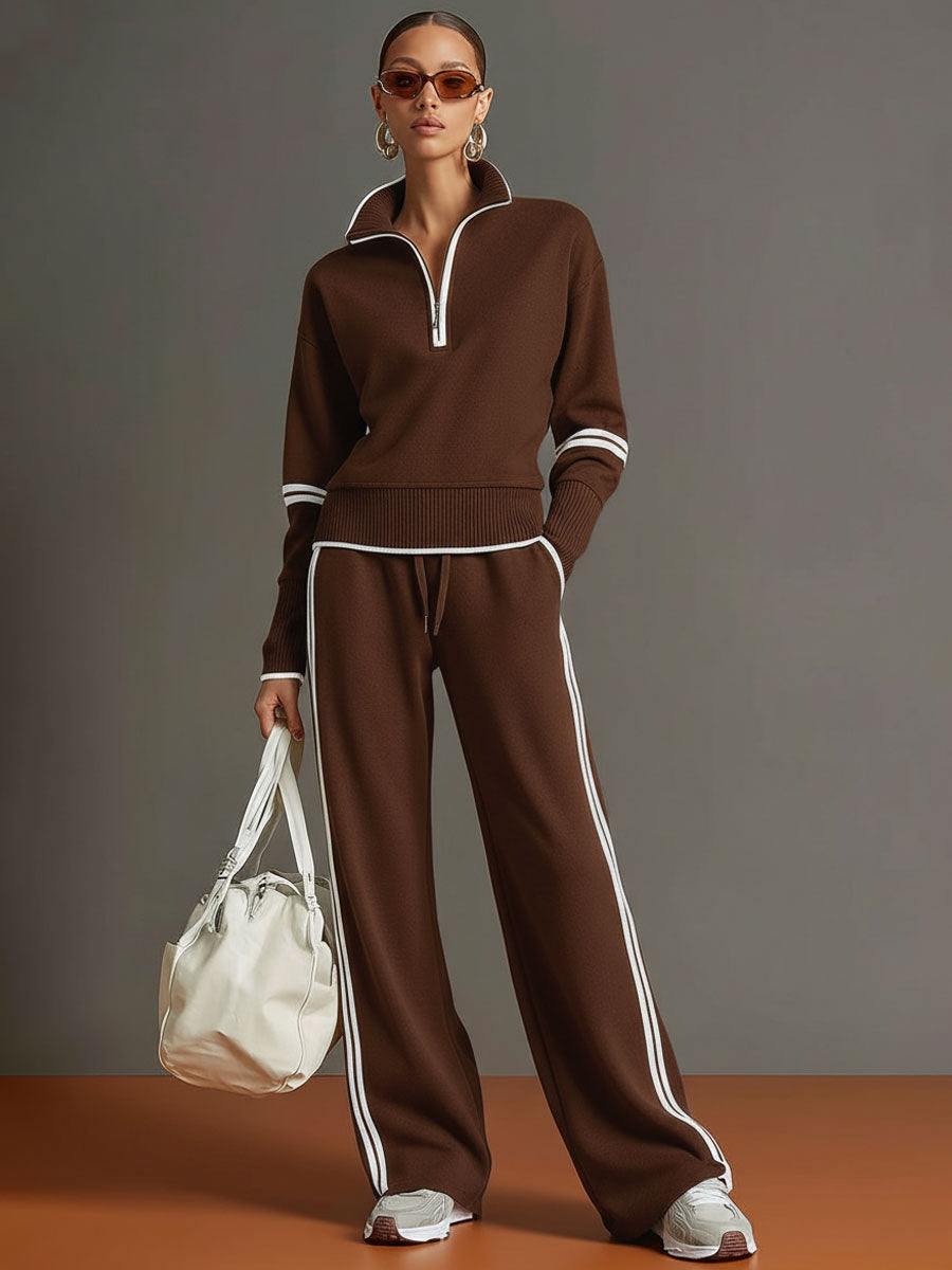 Conjunto deportivo marrón: sudadera media cremallera y pantalón ancho con franja lateral blanca