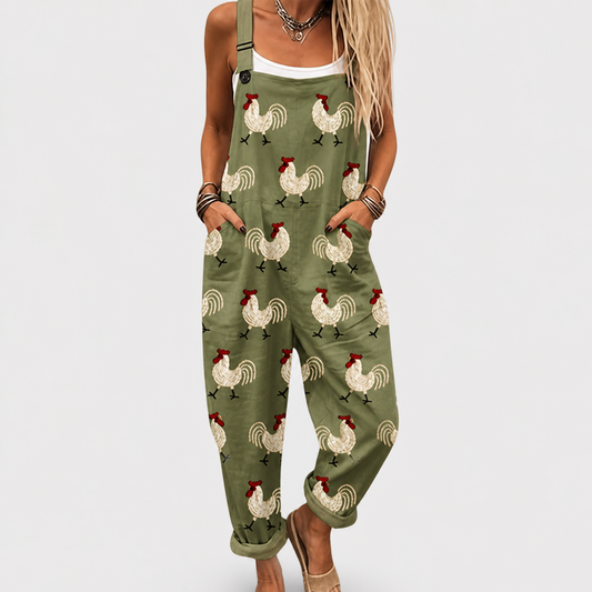 Salopette de mujer verde oliva con estampado de gallinas y tirantes ajustables