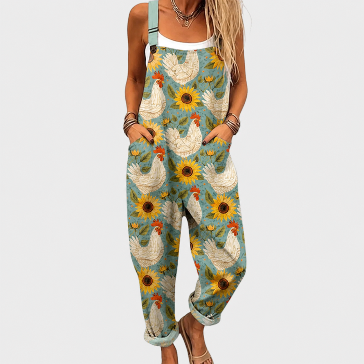 Salopete de mujer de tirantes con estampado de girasoles y hojas
