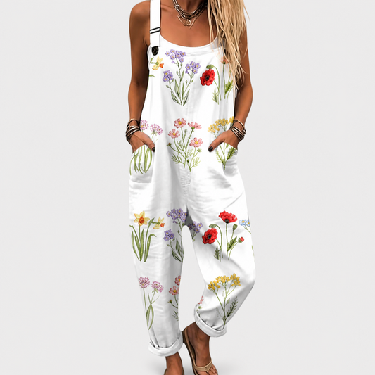 Salopeta sin mangas blanca con estampado de flores silvestres multicolor