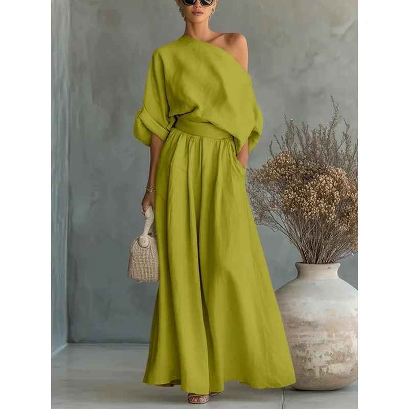 Conjunto de lino verde: blusa caída y pantalón ancho con fruncido en la cintura