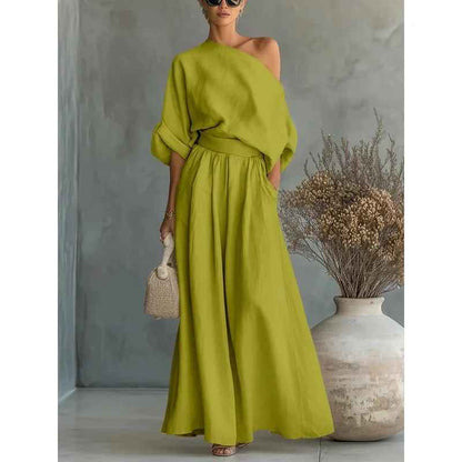 Conjunto de lino verde: blusa caída y pantalón ancho con fruncido en la cintura