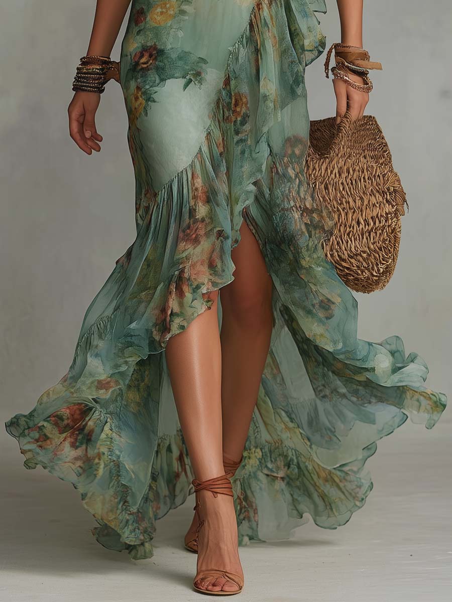 Vestido Atenea verde salvia estampado floral, volantes asimétricos y abertura frontal