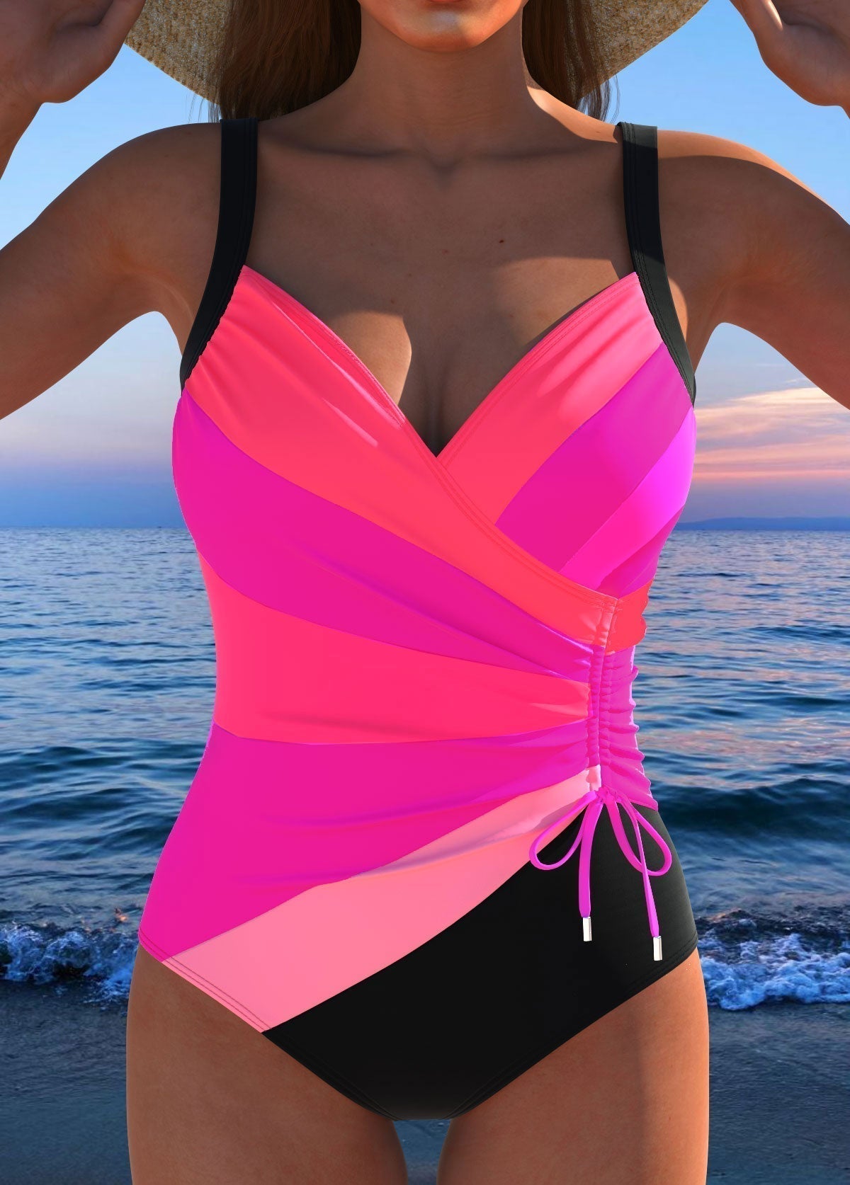 Bañador fucsia cruzado con drapeado diagonal y cordón fruncido