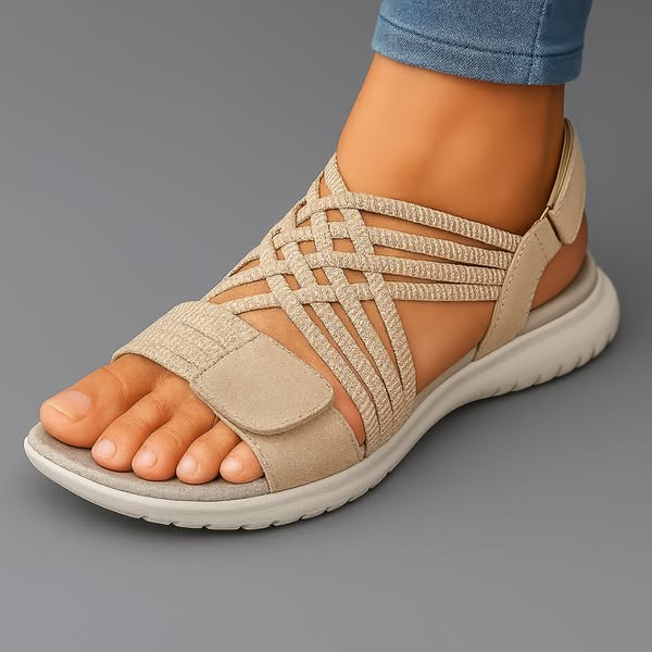 Sandalias ortopédicas beige de tejido con tira ajustable y suela acolchada