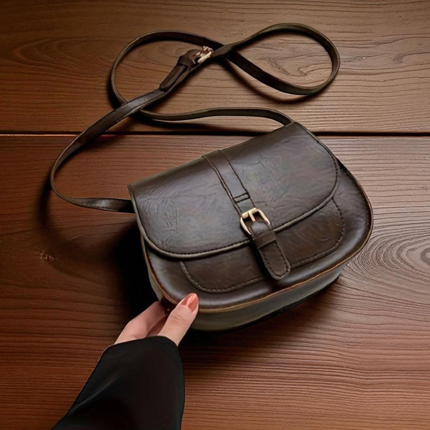 Bolso de hombro clásico de cuero marrón oscuro con correa y hebilla frontal.