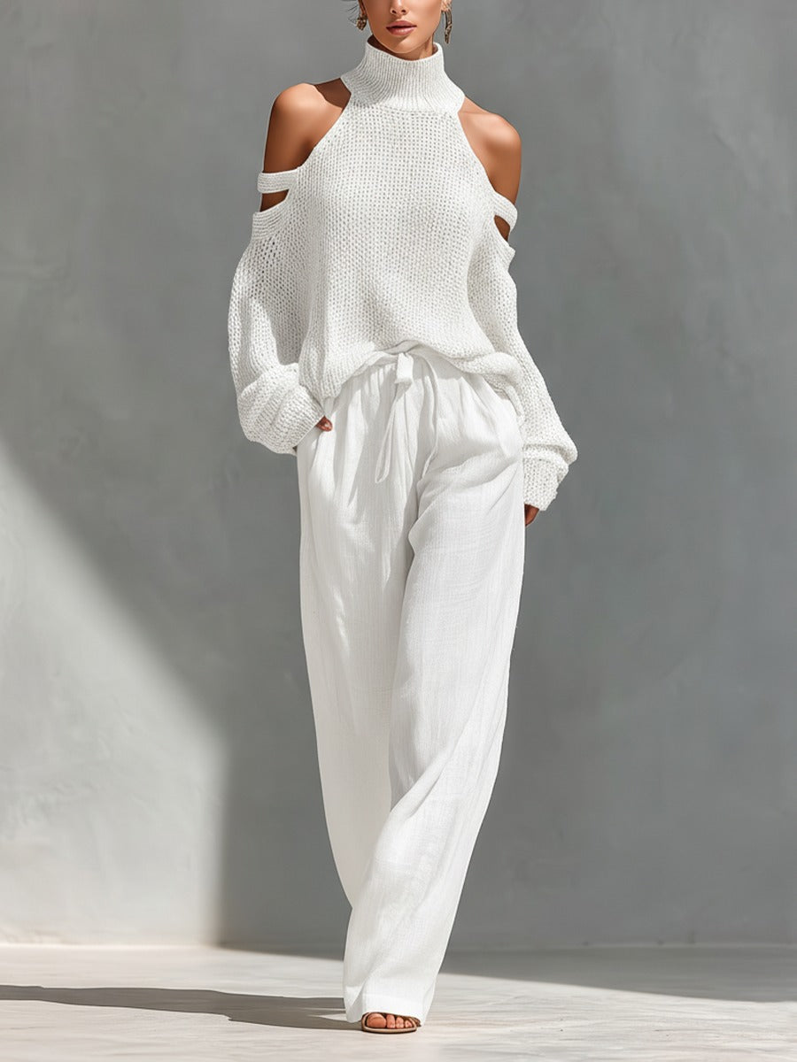 Conjunto de punto y lino blanco: jersey sin mangas con cuello alto y pantalón ancho