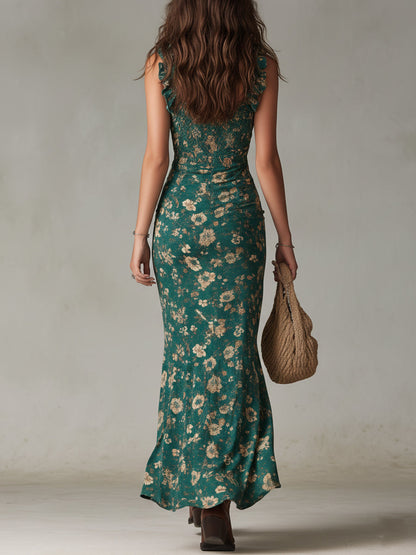 Vestido largo bohemio Zara verde floral, espalda descubierta y falda con abertura