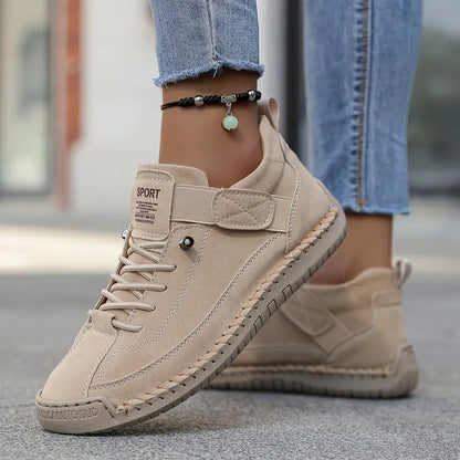 Zapatillas ortopédicas beige con cierre de velcro y cordones, suela acolchada antideslizante