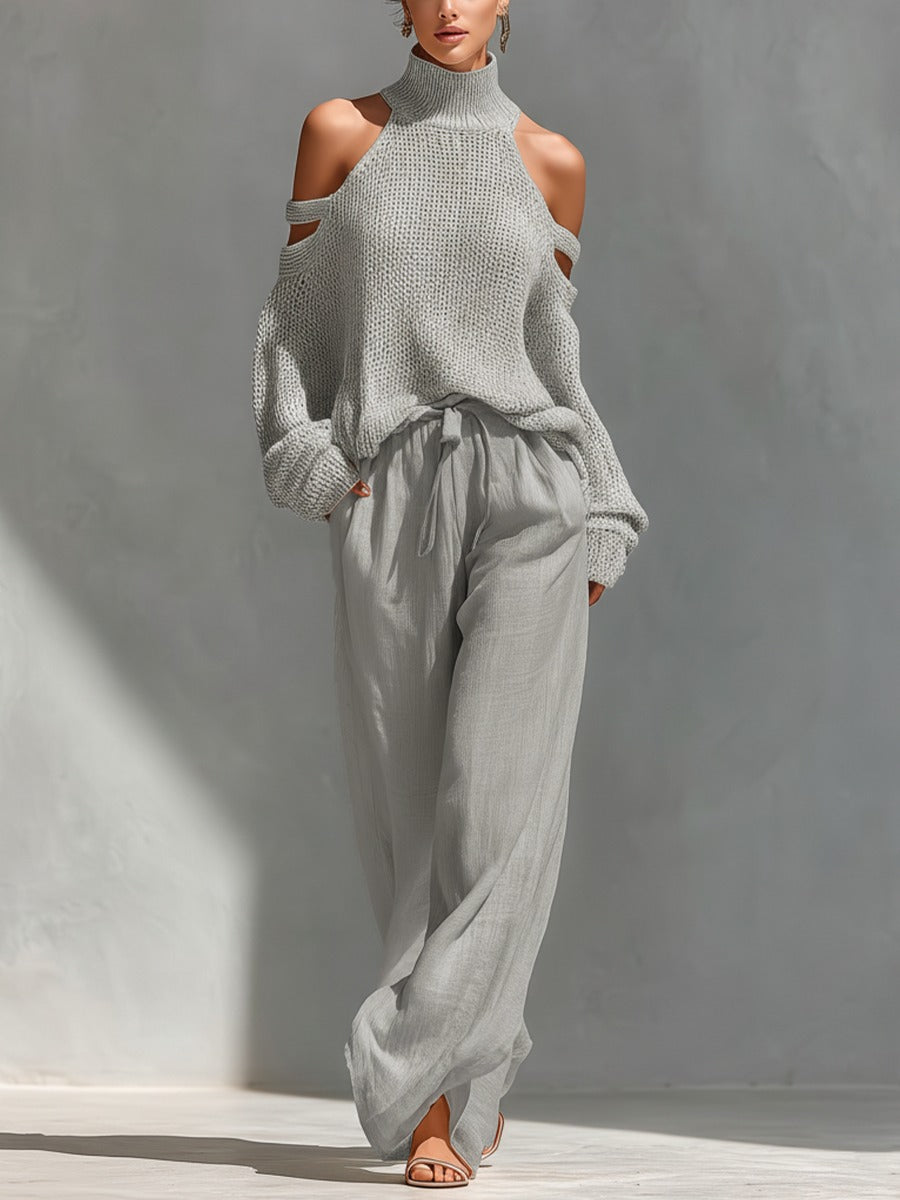 Conjunto de punto y lino beige: jersey sin mangas con cuello alto y pantalón suelto