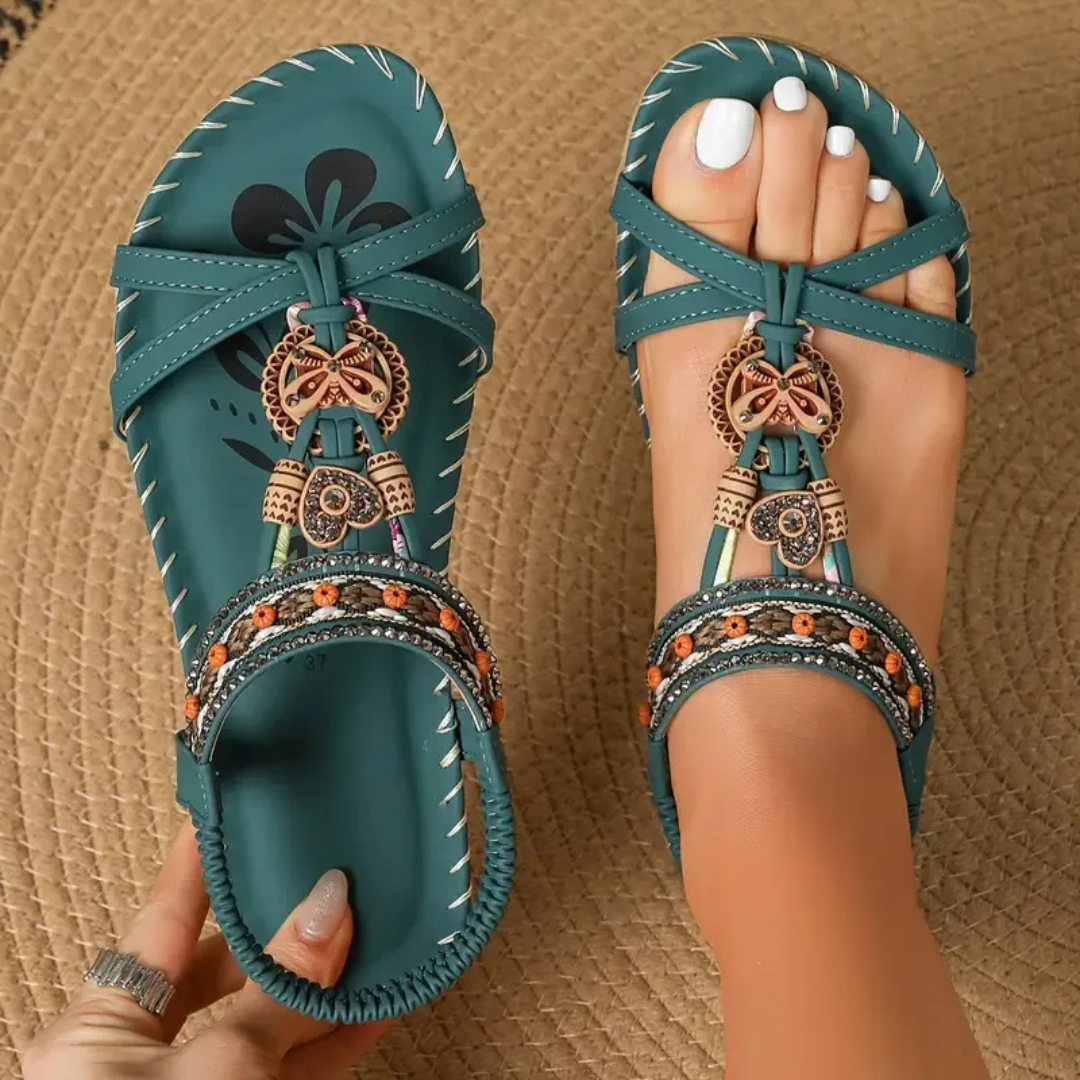 Sandalias ortopédicas estilo Ibiza turquesa con pulsera elástica y adorno dorado
