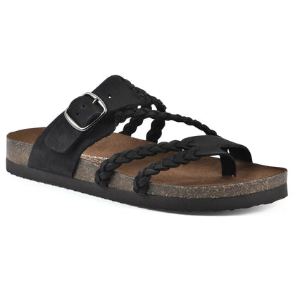 Sandalias ortopédicas negras con tiras trenzadas y hebilla metálica plateada